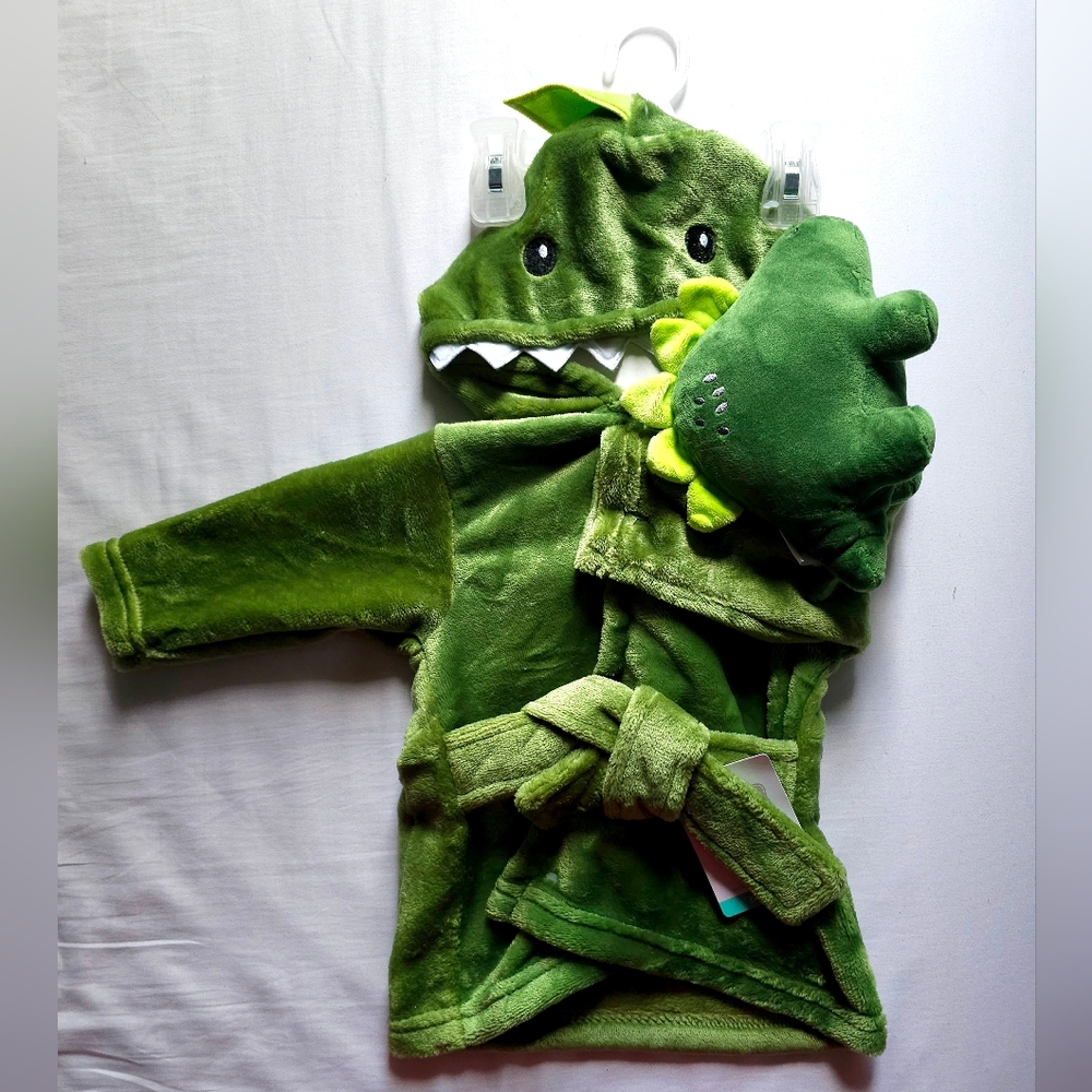 NWT Hudson Baby Plush Dinosaur Robe with soft dino toy, 0-9mos.